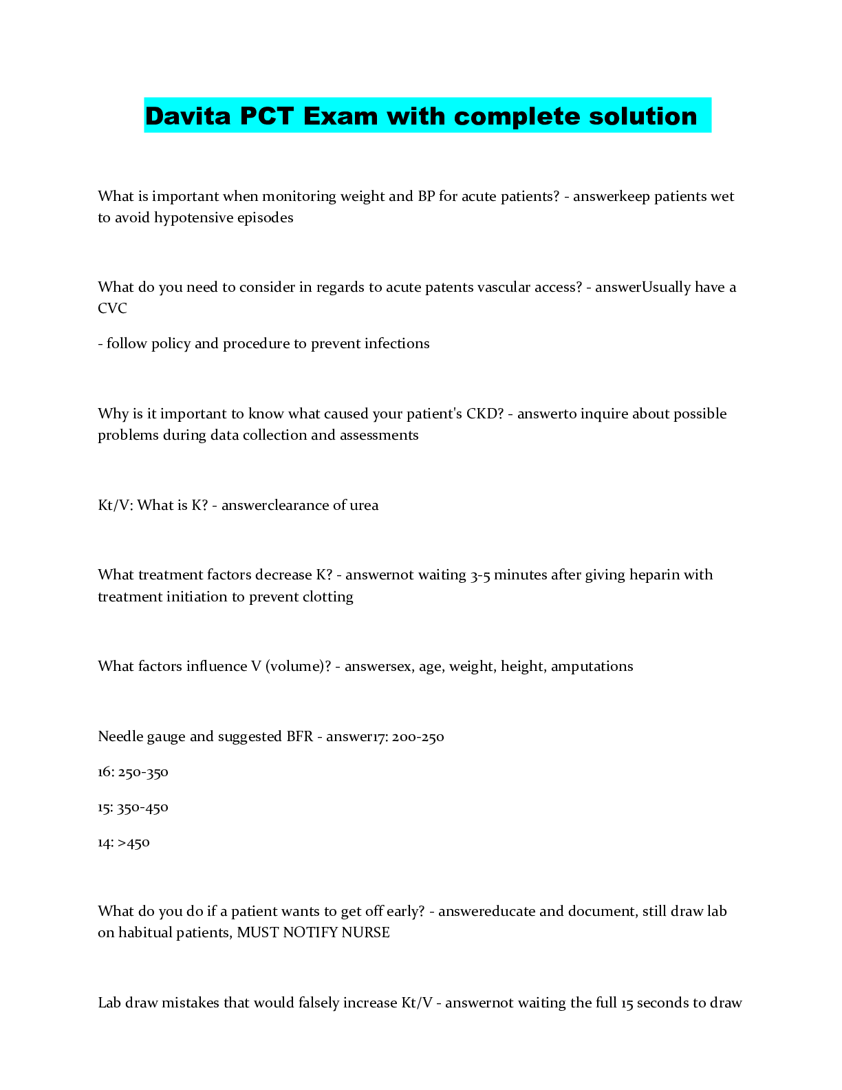 Preview image of Davita PCT Exam with complete solution document